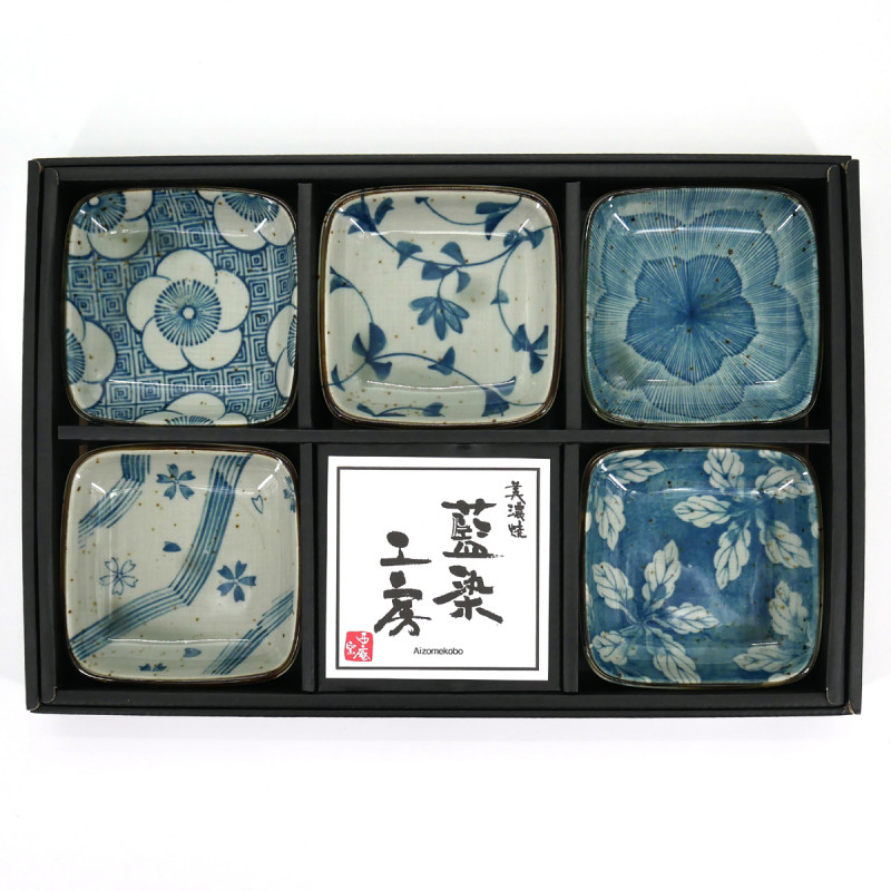 Japanese 5pcs blue square dishes set 9x9cm KOZOME HANA
