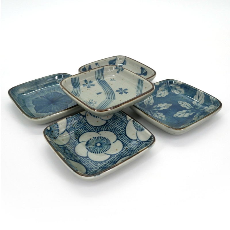 Japanese 5pcs blue square dishes set 9x9cm KOZOME HANA