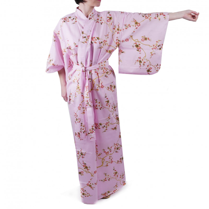 kimono yukata traditionnel japonais rose en coton fleurs ...