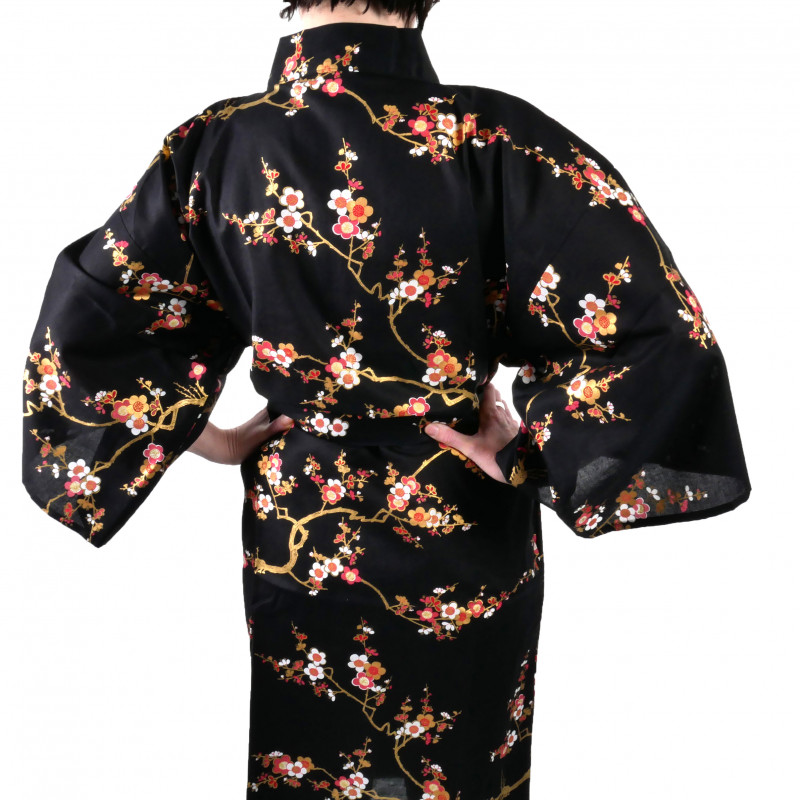 Happi japanischer Kimono aus schwarzer Baumwolle, KINUME, goldene Pflaumenblüten