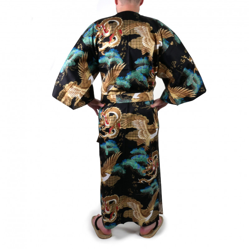 kimono yukata giapponese nero  in cotone, RYÛMATSU, drago e pini