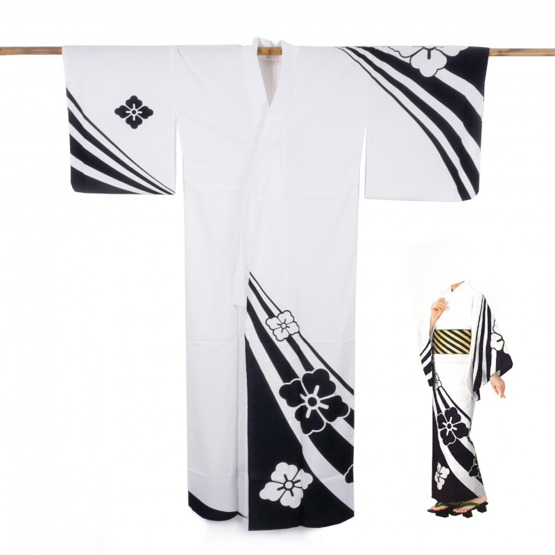 Yukata prestigio giapponese di cotone per le donne, KUROSHIBORI, bianco