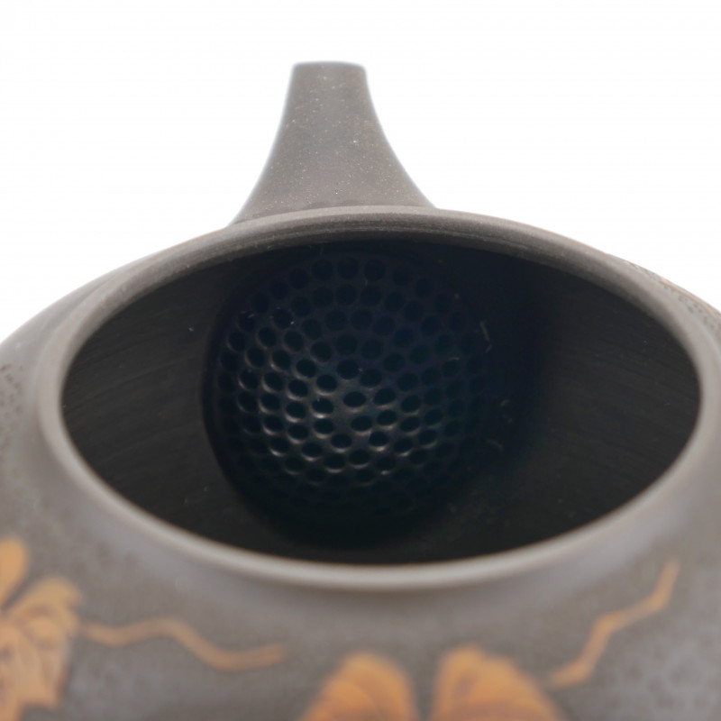 Japanese kyusu brown teapot engraving leaves MANOSHUN