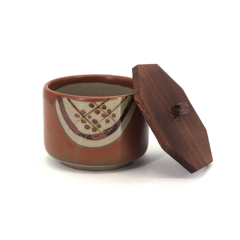bol japonais en céramique avec couvercle en bois, MARUMON, marron