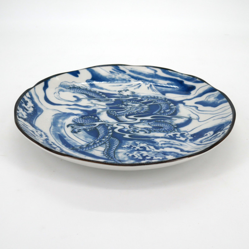japanische runde blaue platte aus keramik, RYU, drache