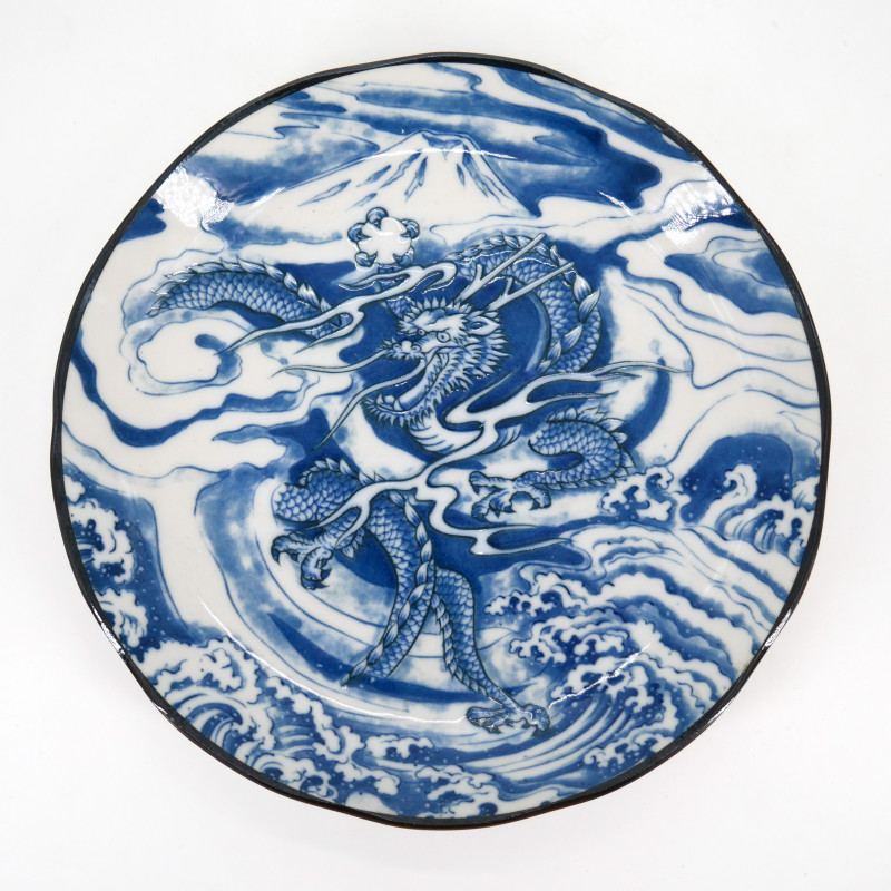 plato azul redondo japonés de ceramica, RYU, dragón