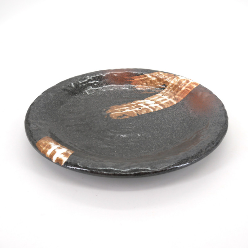 japanische braune runde platte aus keramik, SHIROHAKE, weiße pinsel