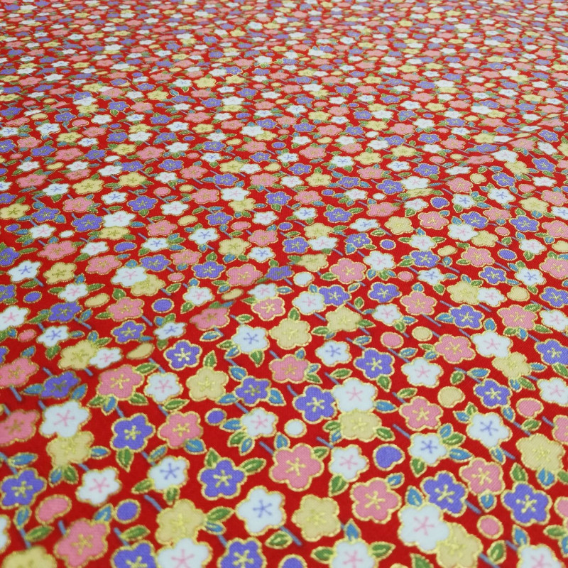 tissu rouge japonais en coton fleurs fabriqué au Japon largeur 110 cm x 1m