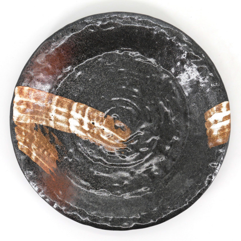 japanische braune runde platte aus keramik, SHIROHAKE, weiße pinsel