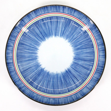 assiette ronde bleue japonaise en céramique, TOKUSA, lignes colorées