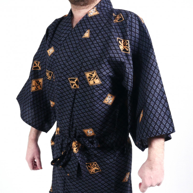 Kimono Happi tradizionale giapponese in cotone nero con motivi a rombi e kanji per uomo