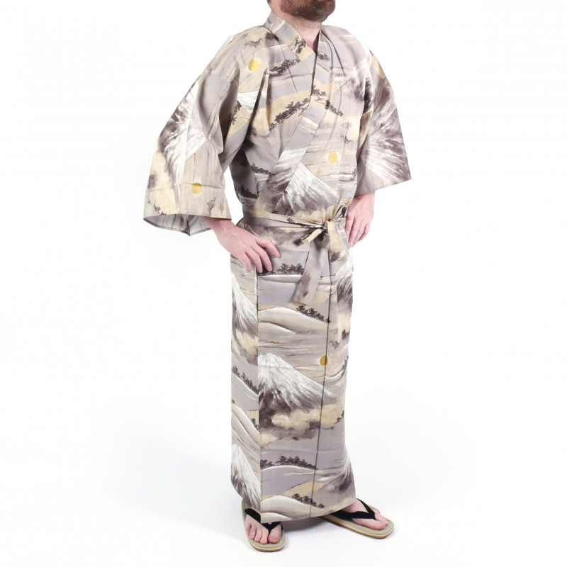 Japanese traditional grey cotton yukata kimono, mount FUJI, for men