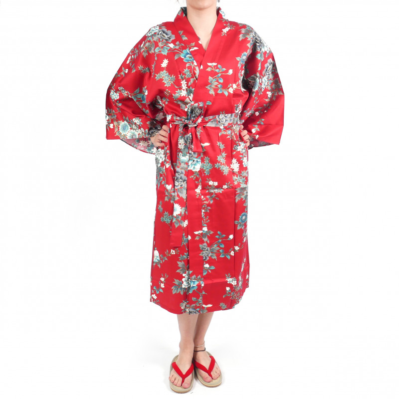 Japanese traditional red cotton sateen happi coat kimono peony and cherry blossom for ladies