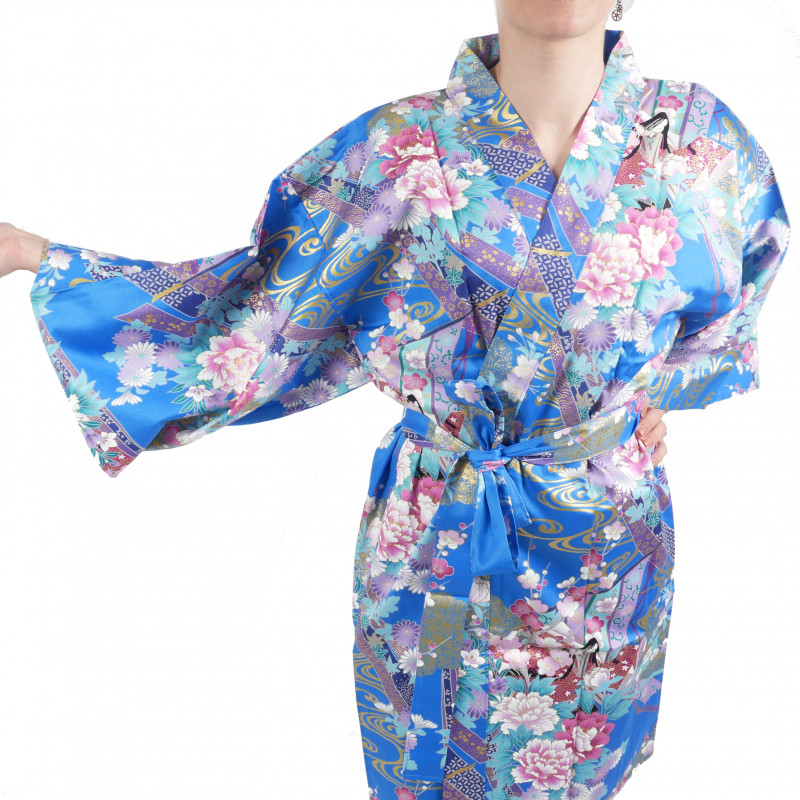 Kimono tradizionale giapponese blu hanten in raso di cotone piccola principessa da donna
