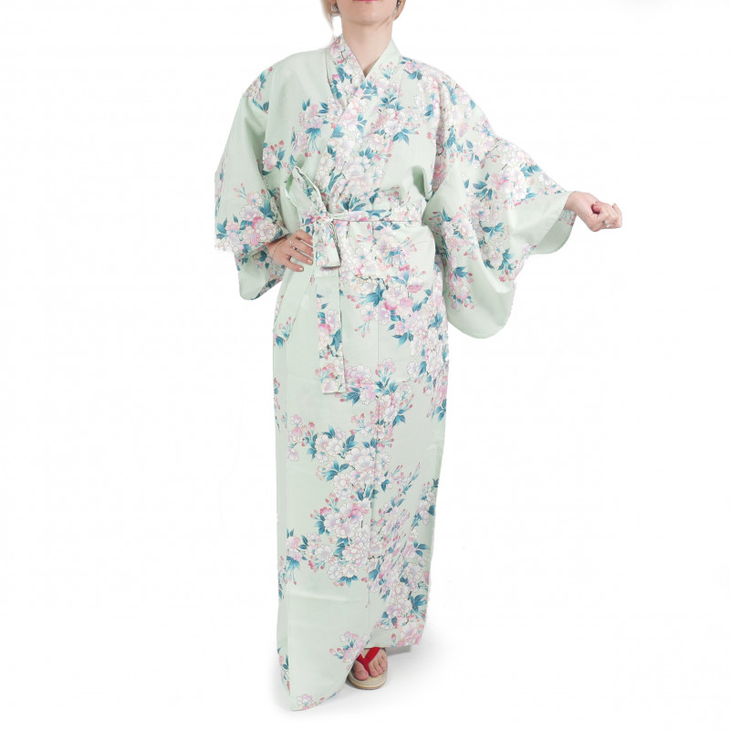 Japanische traditionelle türkisfarbene Baumwolle Yukata Kimono weiße Kirschblüten für Frauen