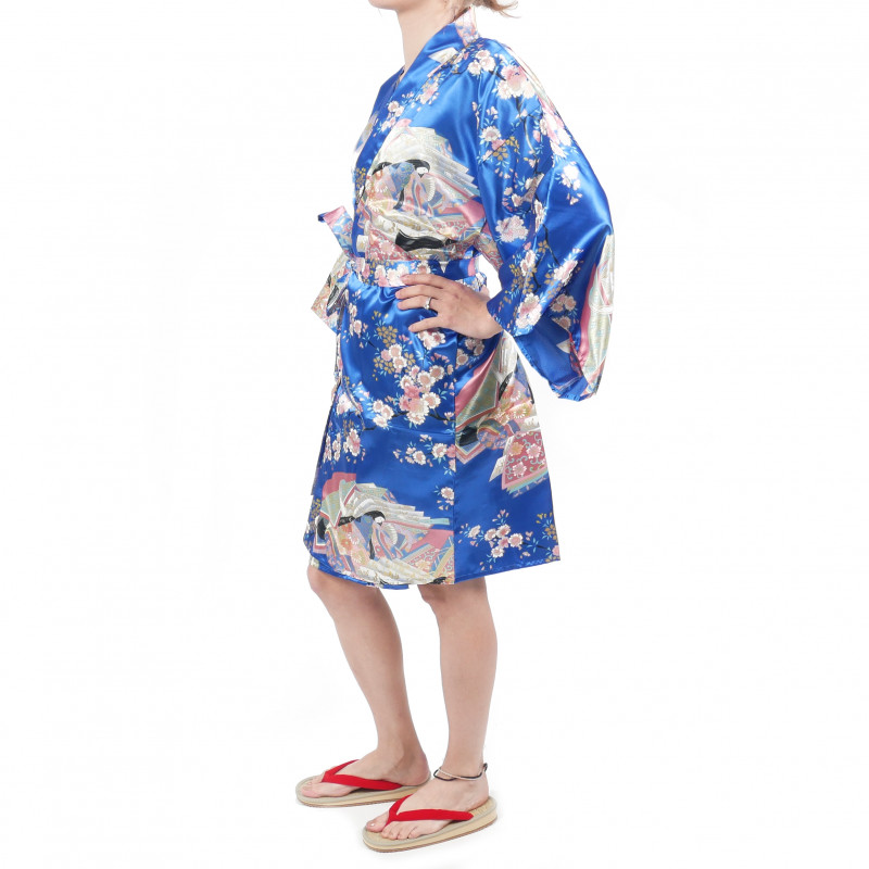 hanten traditional japanese blue kimono in polyester dynasty under the cherry blossom for women