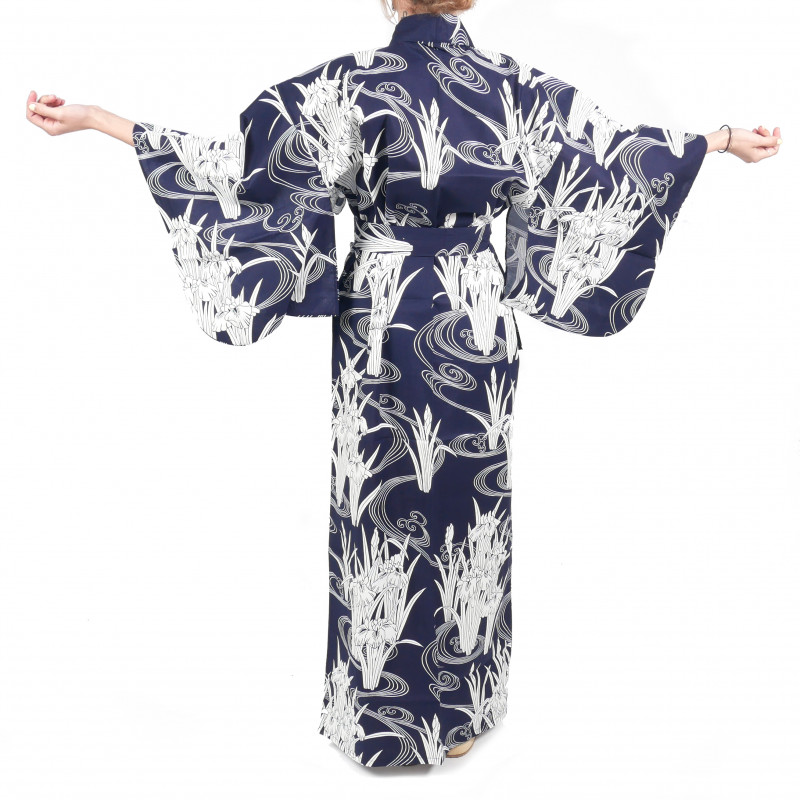 Japanese traditional blue cotton yukata kimono in iris and river for women