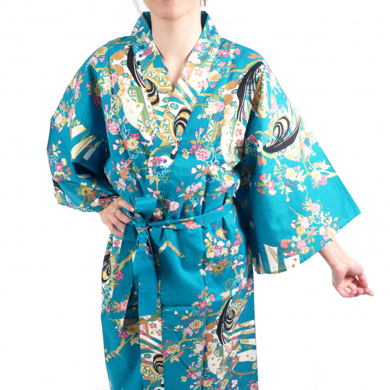 Happi traditioneller japanischer türkisfarbener Baumwollkirschprinzessin-Kimono für Frauen