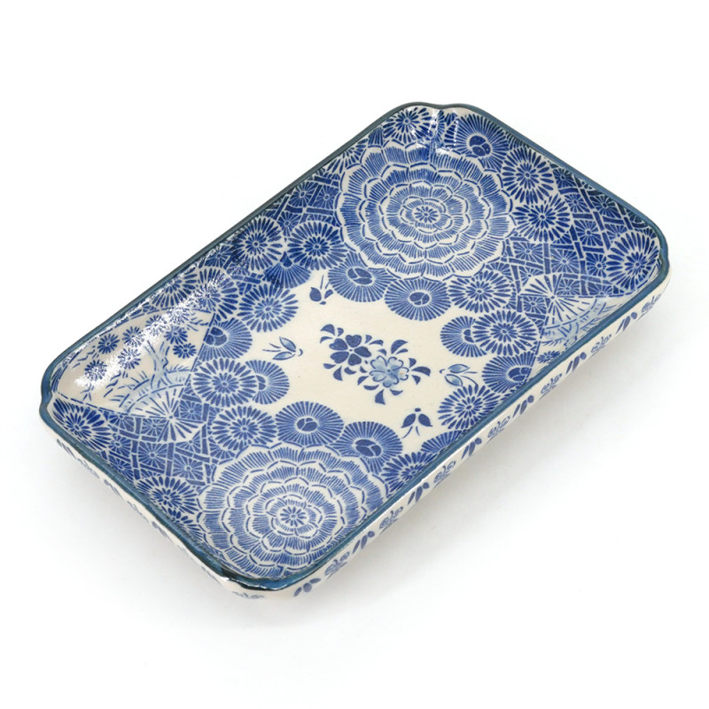 Assiette bleue japonaise en céramique rectangulaire - HANA KARAKUSA