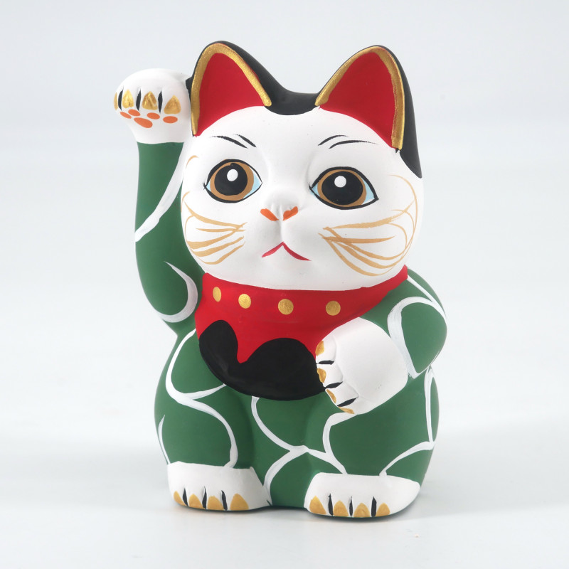 Chat porte-bonheur japonais manekineko, MIDORI KARAKUSA, vert et arabesques