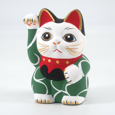 Gatto fortunato manekineko giapponese, MIDORI KARAKUSA, verde e arabeschi