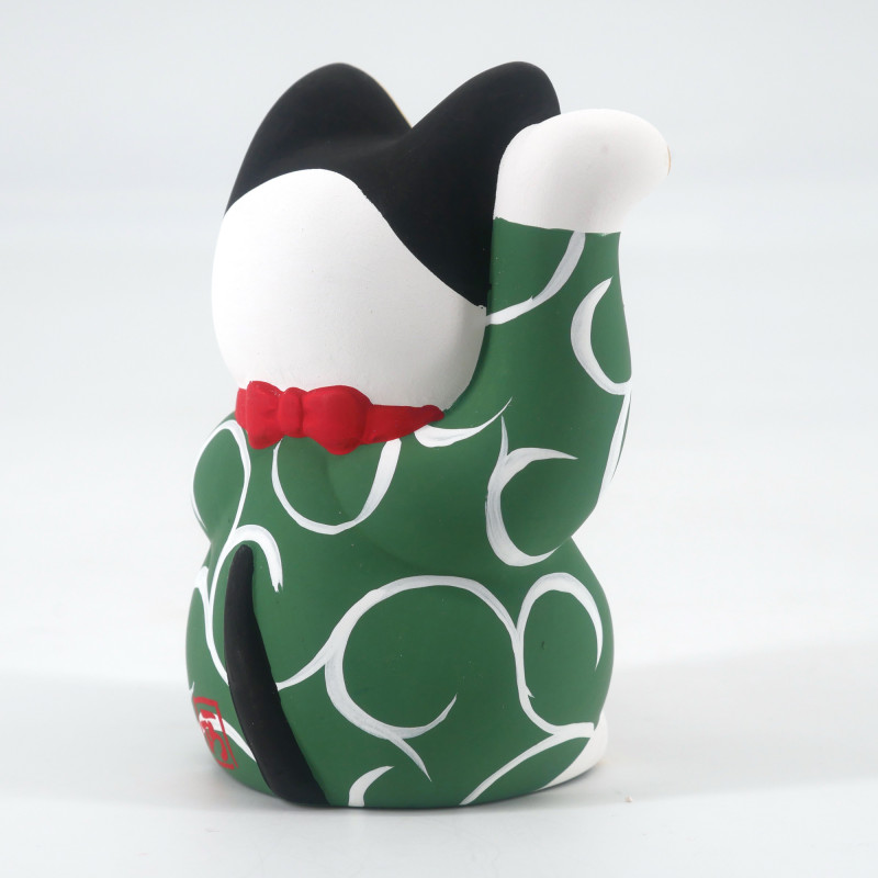 Chat porte-bonheur japonais manekineko, MIDORI KARAKUSA, vert et arabesques