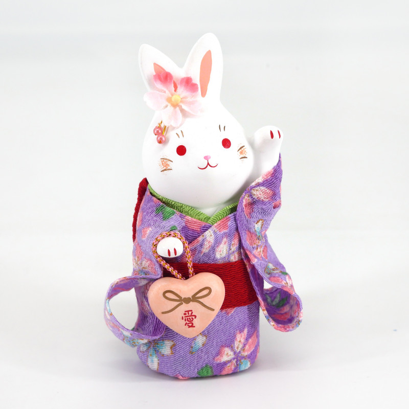 Ornement lapin blanc en céramique, HANAUSAGI AI, kimono violet