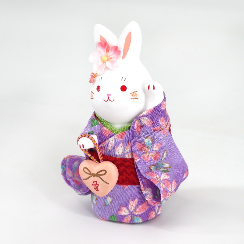 Adorno de conejo de cerámica blanca, HANAUSAGI AI, kimono morado