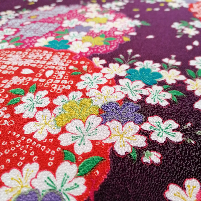Tissu violet japonais en polyester chirimen motif fleur de cerisier, SAKURA, fabriqué au Japon largeur 112 cm x 1m