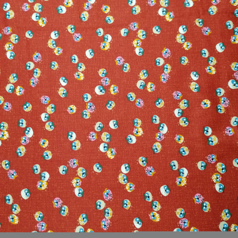 Tissu rouge japonais en coton motif hibou, FUKURO, fabriqué au Japon largeur 112 cm x 1m