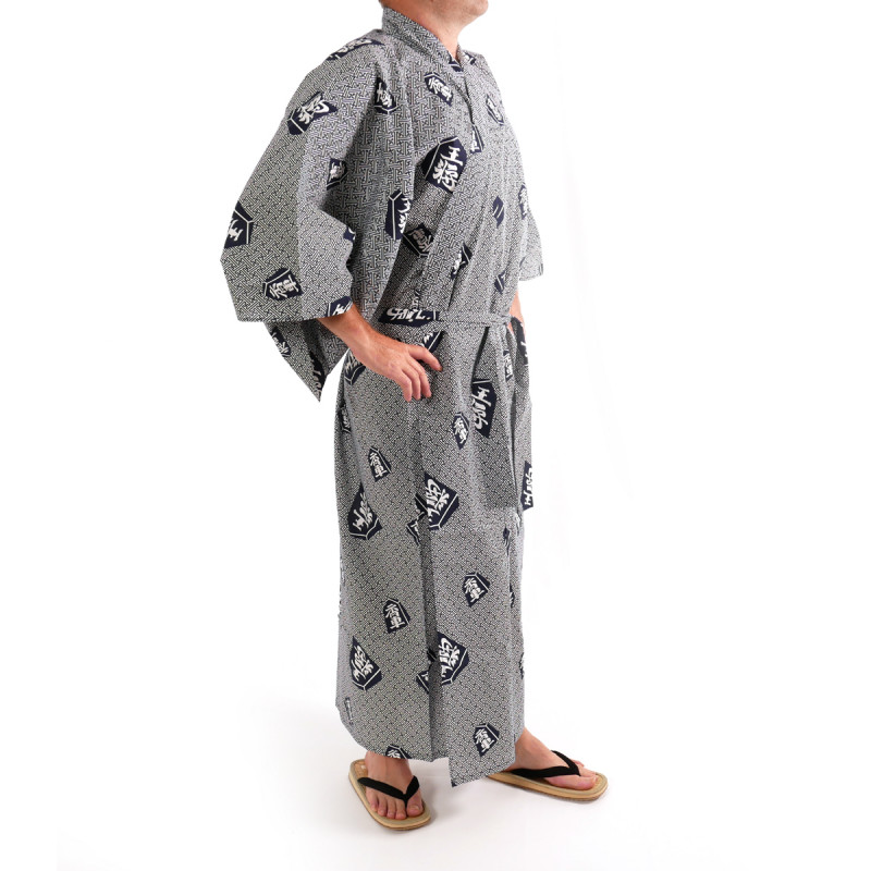 kimono yukata traditionnel japonais bleu gris en coton kanji roi shôgi pour homme