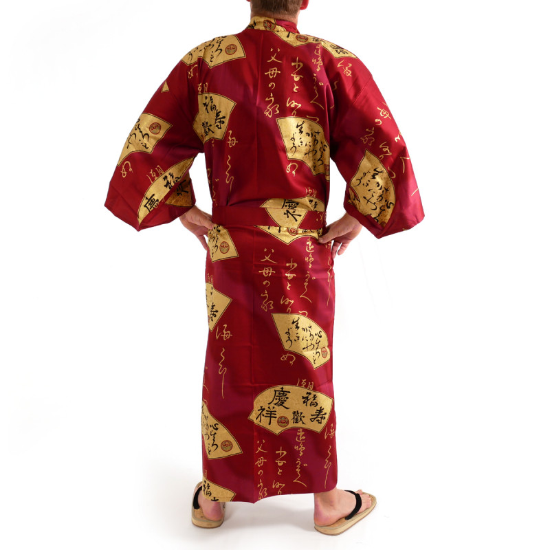 Kimono rouge traditionnel japonais pour homme eventails en or coton satin