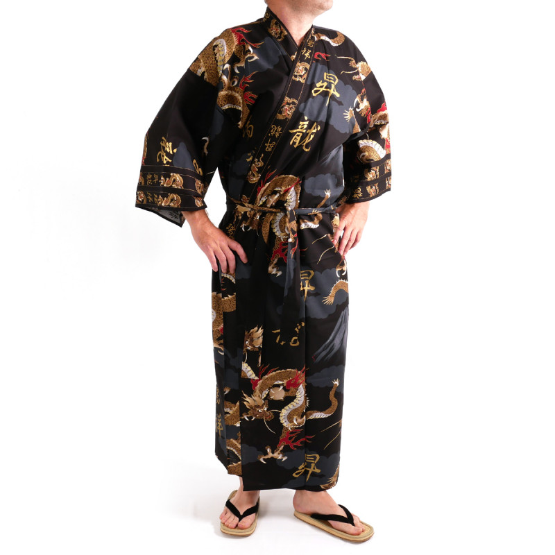 kimono yukata traditionnel japonais noir en coton dragon et mont fuji pour homme