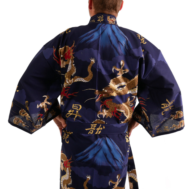 Japanese traditional blue navy cotton yukata kimono dragon and mont fuji for men