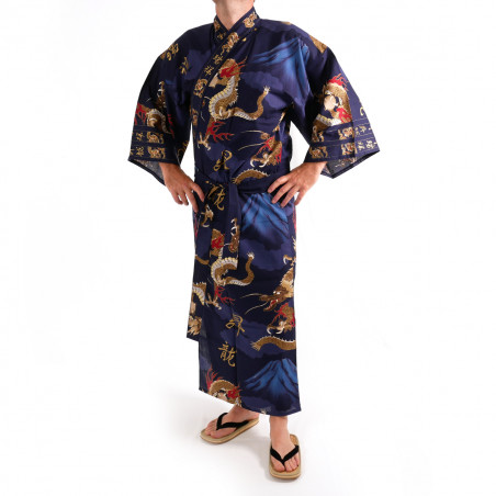 Japanese traditional blue navy cotton yukata kimono dragon and mont fuji for men