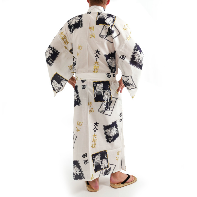 Japanese traditional white cotton yukata kimono sumo wrestler and kanji for men