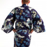 Japanese traditional blue navy cotton yukata kimono dragon cloud and kanji for men