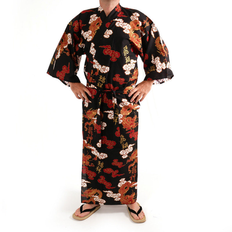 giapponese rosso  yukata kimono in cotone, KUMORYÛ, draghi, nuvole e kanji