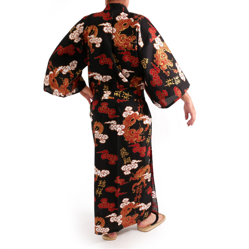 kimono yukata traditionnel japonais rouge en coton dragons nuages et kanji pour homme