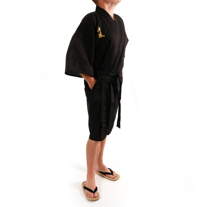 Japanese traditional black cotton shantung happi coat kimono gold kanji kamikaze for men