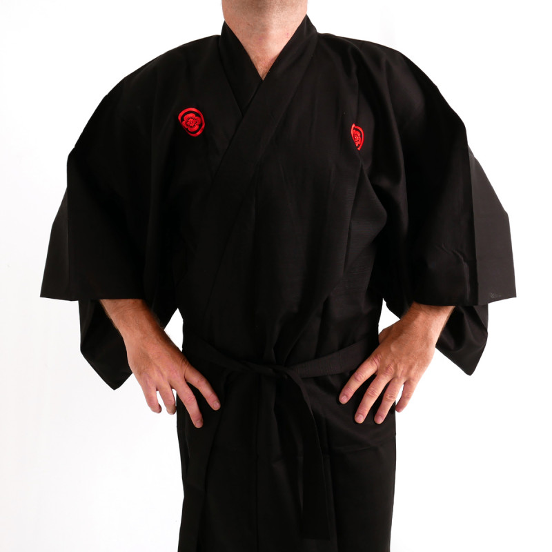 Kimono giapponese nero in cotone fine, SAMURAI, kanji