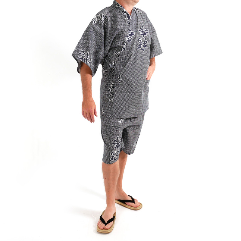 japanischer herren blauer Jinbei-Kimono, KANJI, Kanji Freude und Glück verheißen