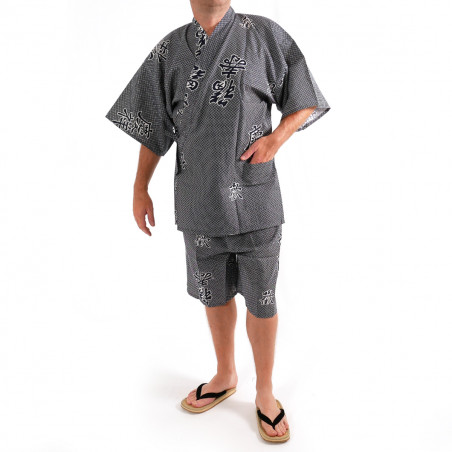 kimono jinbei traditionnel japonais bleu gris en coton kanji joie et bon augure pour homme