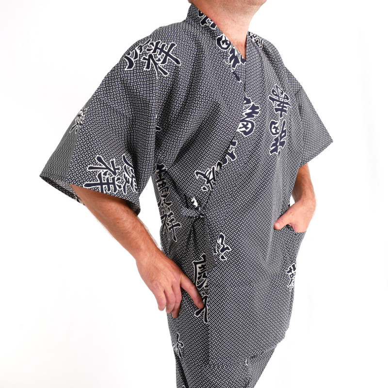 Kimono jinbei de algodón azul gris, KANJI, kanji alegría y auspicioso