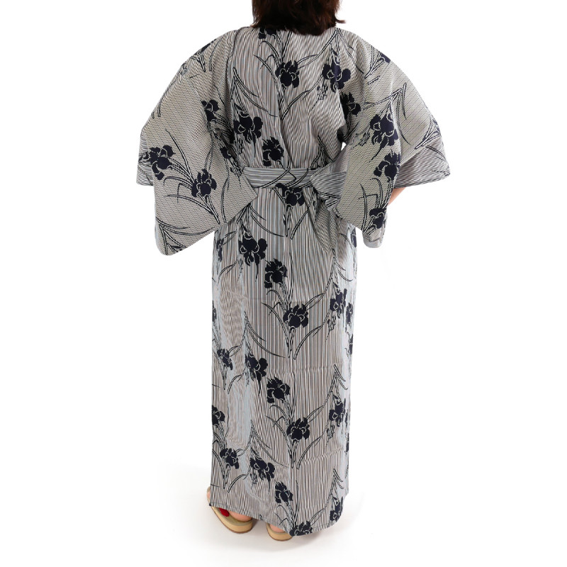 japanische Yukata Kimono blau graue Baumwolle, SHIBORI, Streifen und Iris Blumen