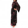 kimono yukata traditionnel japonais noir en coton oiseau et fleurs prune pour femme