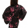 kimono yukata traditionnel japonais noir en coton oiseau et fleurs prune pour femme