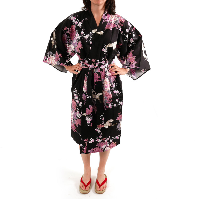 happi kimono traditionnel japonais noir en coton satin grue et pivoine pour femme