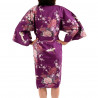 happi kimono giapponese viola felicei in cotone, TSURU PEONY, gru e peonia