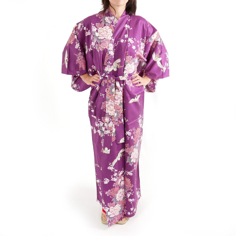 Kimono de algodón japonés morado, TSURU PEONY, grulla y peonía